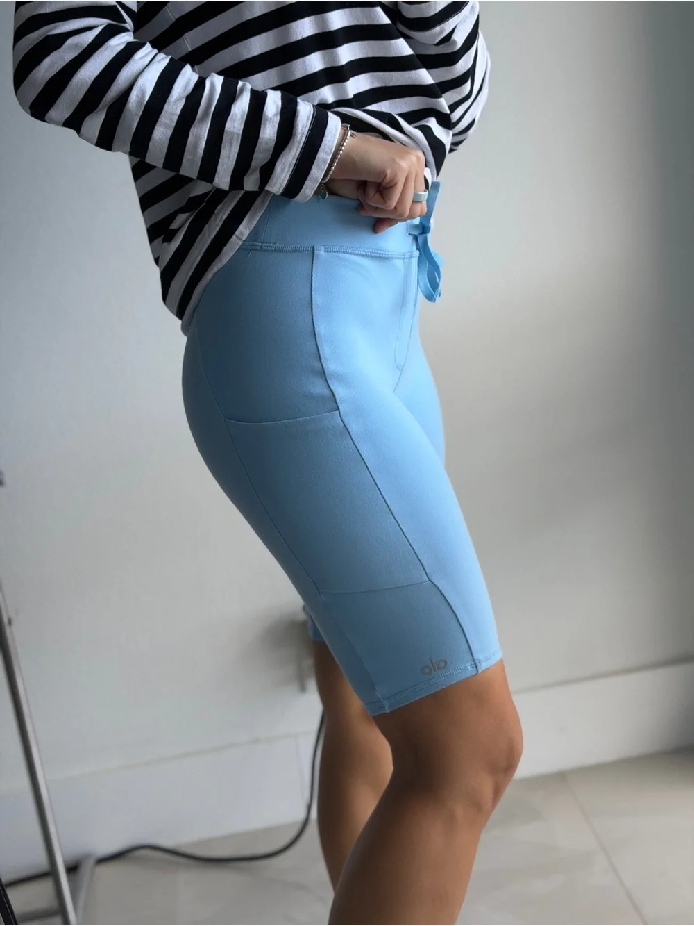 Alo Light Blue Women’s Bike Shorts with Drawstring